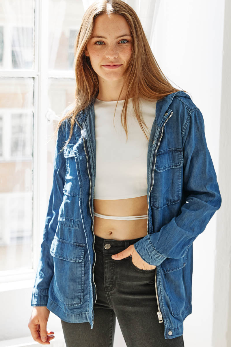 Hooded Chambray Utility Denim Jacket - Image 6