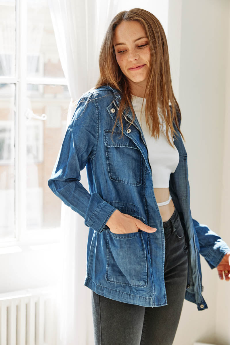 Hooded Chambray Utility Denim Jacket - Image 5